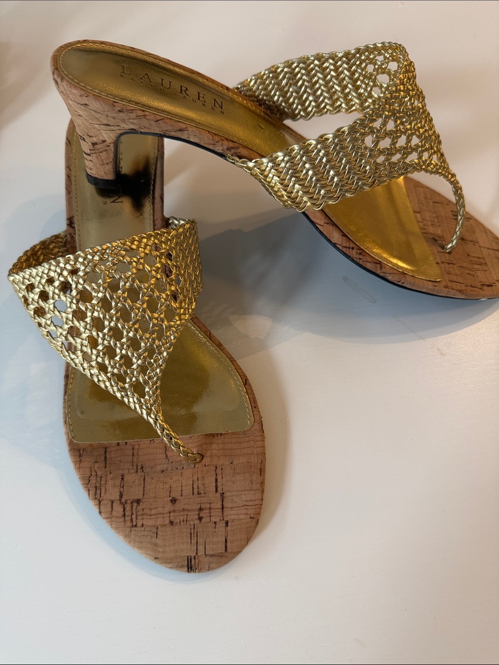 Lauren Ralph Lauren Gold Woven Cork Heel Sandals Size 8